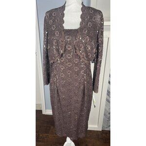 Alex Evenings Chocolate Brown Lace Sequins Cocktail Dress with Jacket Size 12